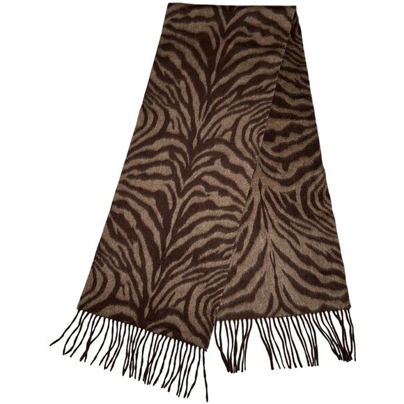 preview international Zebra Pattern 100% Cashmere Scarf Brown 68” Fringe - Picture 2 of 3